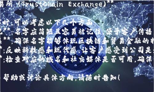 为了帮助您思考一个区块链贸易金融公司的名字，我提出以下几个创意：

1. **链信金融 (ChainTrust Finance)**
2. **智慧链通 (SmartChain Trade)**
3. **区信融 (BlockTrust Capital)**
4. **链贸先锋 (TradeChain Pioneers)**
5. **信链交易所 (TrustChain Exchange)**

选择公司名字时，可以考虑以下几个方面：
- **简洁易记**：名字应简短且容易被记住，便于客户传播。
- **行业相关**：确保名字能够体现区块链和贸易金融的特点。
- **未来感**：反映科技感和现代感，让客户感受到公司是走在前沿的。
- **可用性**：检查对应的域名和社交媒体是否可用，确保一致性。

如果需要更多帮助或讨论具体方向，请随时告知！